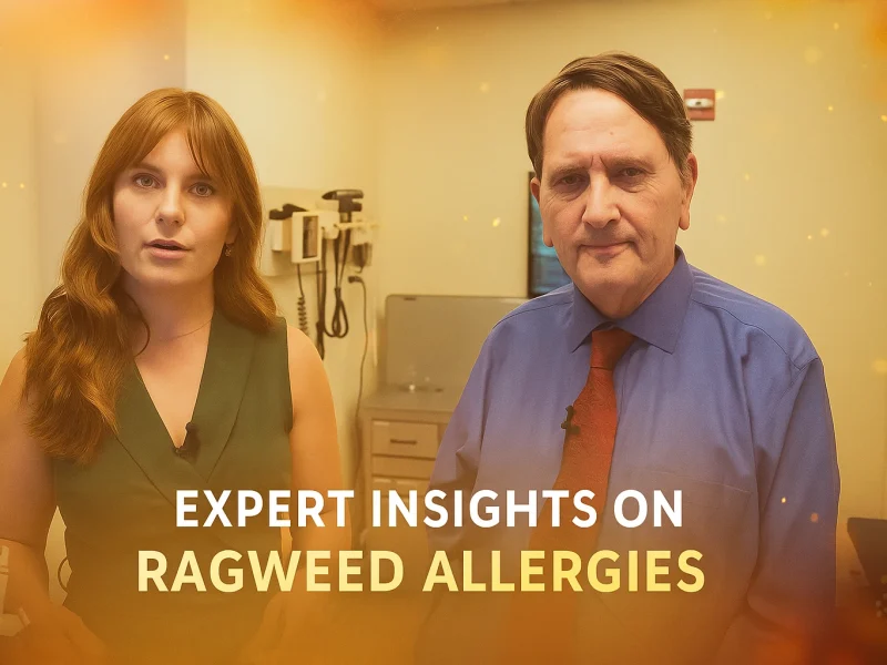Dr. Henry Fishman in blue shirt and red tie giving expert insights on ragweed allergy to 7 news anchor in green dress