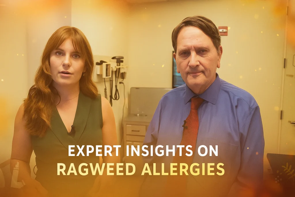Dr. Henry Fishman in blue shirt and red tie giving expert insights on ragweed allergy to 7 news anchor in green dress